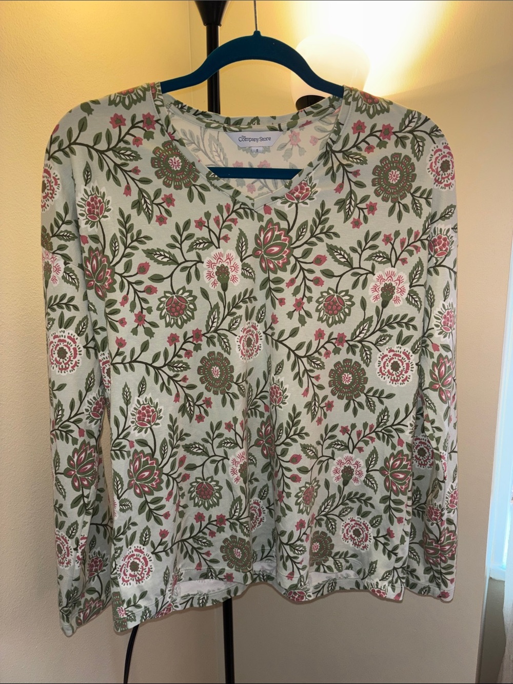 The Company Store V-Neck Long Sleeve Top - Sage Green, Pink